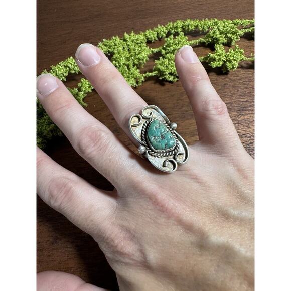 Sterling Silver Old Pawn Native American Green Turquoise Ring Size 5.5 - Picture 6 of 7